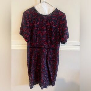 Festive, short sleeved dress with lace overlay.